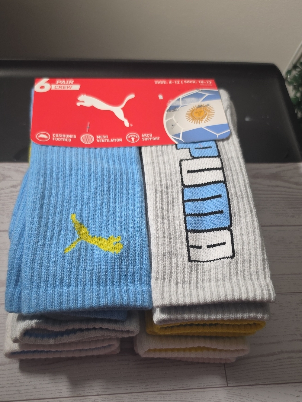 Puma Men's Crew Socks 6-Pack in Light Blue, Gray & Yellow Accents